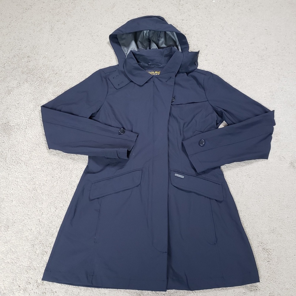 Woolrich Fayette Tech Trench Coat Womens Large L Black Waterproof Hooded Rain - Picture 2 of 16